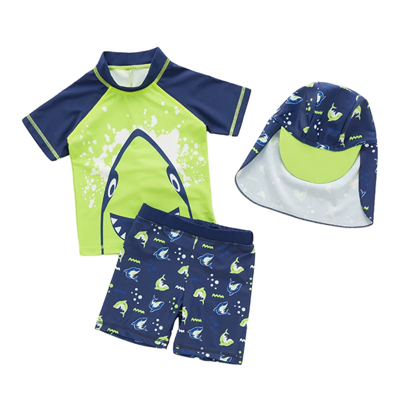 Boys' Cartoon Rash Guard Swim Set with Shorts & Hat