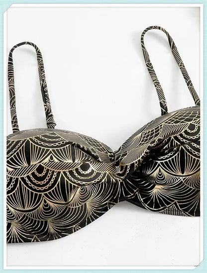 Metallic Stitch Strap Bikini  Women Push Up Gold print Swimsuit Female High Waist Swimwear Bathers Bathing Suit Beachwear