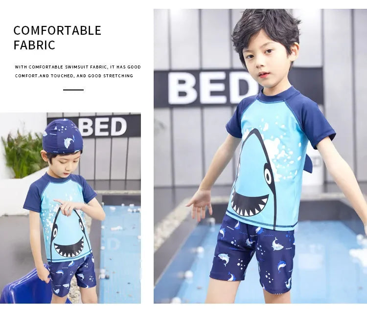 Children's Cartoon Shark Short Sleeve Split Swimwear with Swim Cap, Sun Protection Beach Wear, Baby Boys Swimsuit