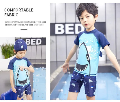 Children's Cartoon Shark Short Sleeve Split Swimwear with Swim Cap, Sun Protection Beach Wear, Baby Boys Swimsuit