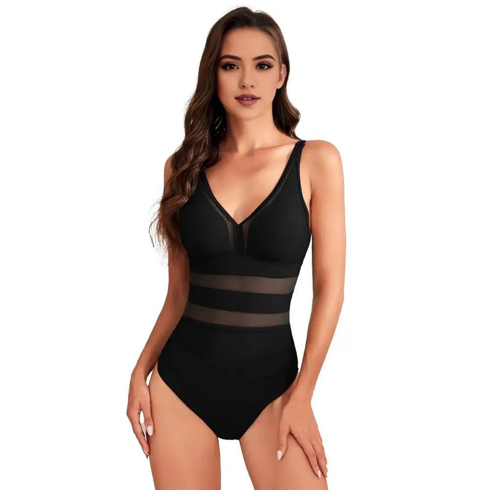 Hollow Mesh Splicing Monokini Swimsuit Stylish Women's Mesh Splicing One-piece Swimsuit Tummy Control V-neck Monokinis Beachwear