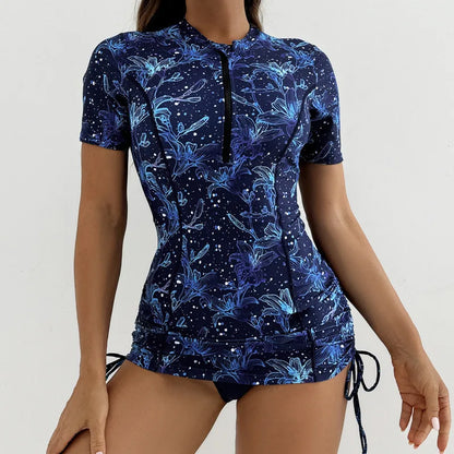 Floral Women Swimsuits Sun Protection Female Short Sleeves Swimwear Surfing Sports Pool Beachwear Two-Piece Bathing Suits
