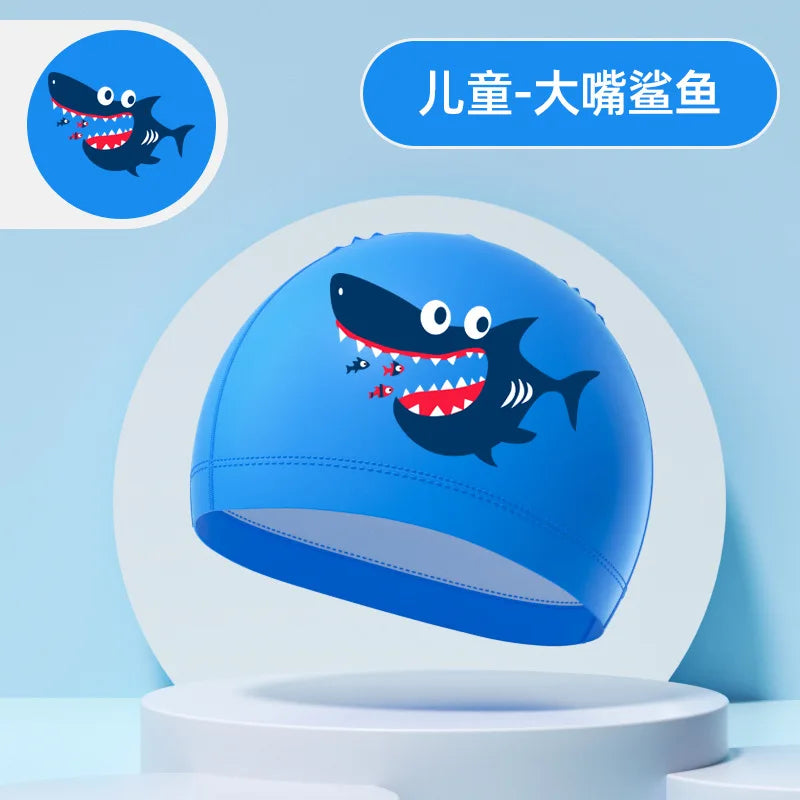 Children's Swimming Caps Boys Girls Kids Cartoon Swim Hat High Elastic Ear Protection PU Waterproof Swimming Cap