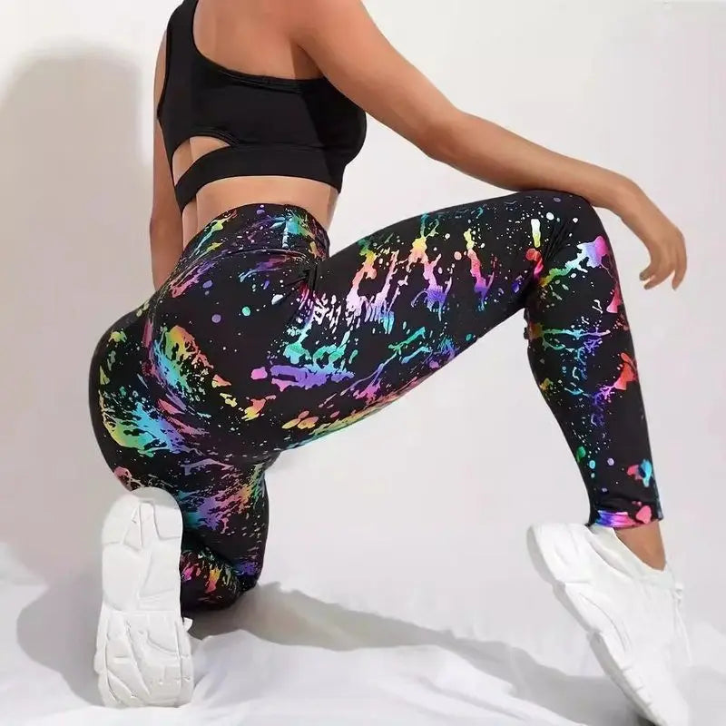 Running Yoga Fitness Sports Pants Tummy Control Butt Lifting Print Sensation Tight Base Layer Pants Nine Point Length