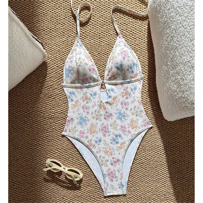 S - XL 2026 Flower Printed Floral V Neck Women Swimwear One Piece Swimsuit Female Halter Monokini Bather Bathing Suit Swim