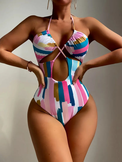 Halter String One Piece Printed Swimsuit Women Hollow Swimwear Female Bathers Bathing Swimming Suit Padded Beachwear