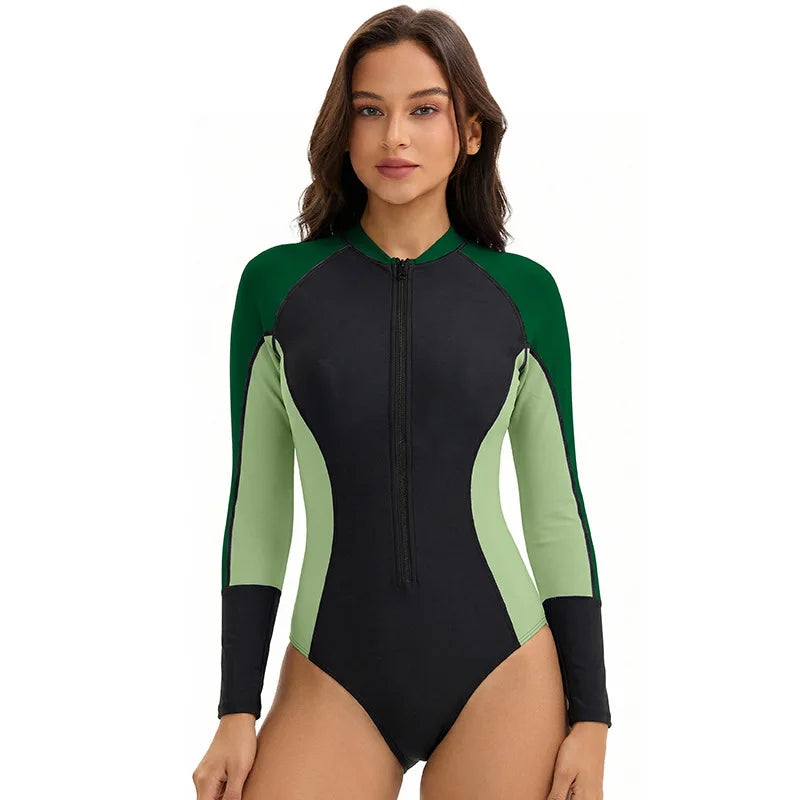 Women Long Sleeve Swimsuit Triangular One Piece Swimwear Sun Protection Rash Guard Padded Surfing Suit Front Zipper Beachwear