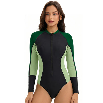 Women Long Sleeve Swimsuit Triangular One Piece Swimwear Sun Protection Rash Guard Padded Surfing Suit Front Zipper Beachwear