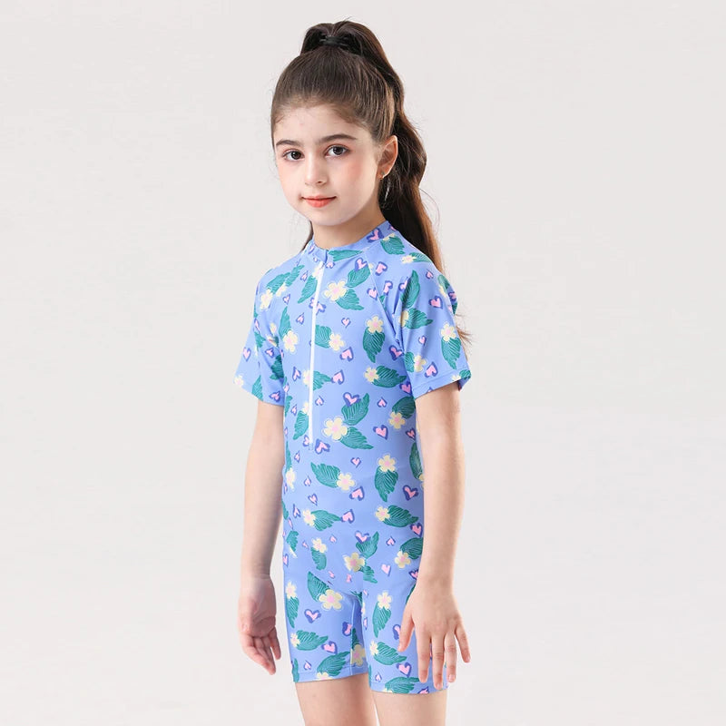 Leaf Print One Piece Girls Swimwear Kids Short Sleeve Swimsuit With Front Zipper Summer Children Swimming Suit Beachwear