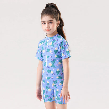 Leaf Print One Piece Girls Swimwear Kids Short Sleeve Swimsuit With Front Zipper Summer Children Swimming Suit Beachwear