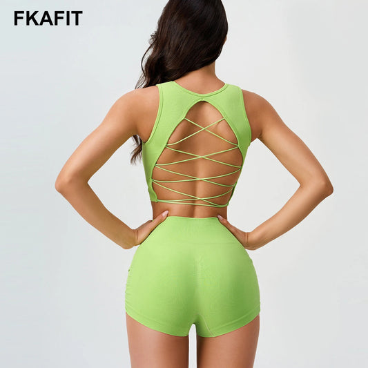 Yoga Sets Women Outfits Fixed Cup Tank Top Side Pleats Mini Shorts 2Pcs Set Female Tracksuit