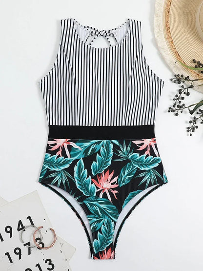 One Piece Swimsuit Women Striped Print Beachwear Hollow Out Lace Up Monokini Summer 2026 Bikinis Beach Fashion Bodysuit