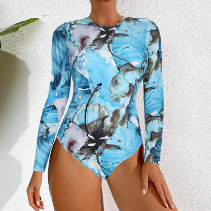 Floral One Piece Swimsuit Long Sleeve Zipper Swimwear Women Bathing Suit Beachwear Monokini Female Swim Surfing Suits