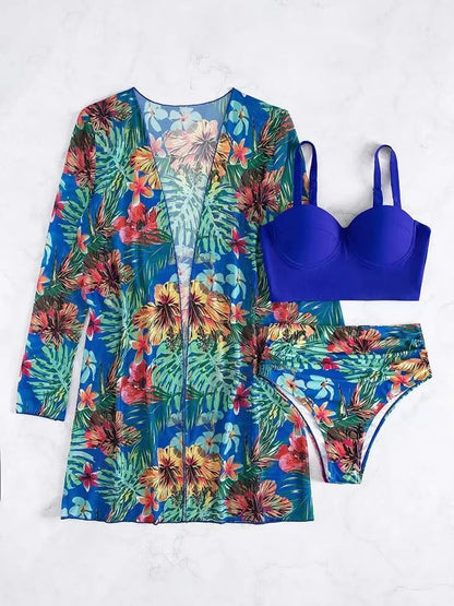 3 Piece Bikini Set Women Cover Up Swimwear Female Tropical Printed Swimsuit Push Up Beachwear Long Sleeve Bathing Suit