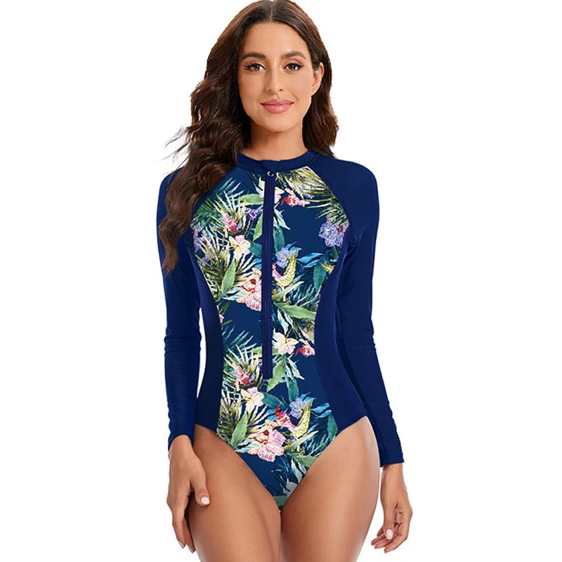 Womens Athletic One Piece Swimsuits Rashguard Long Sleeve Swimsuit Sports Surfing Swimwear Bathing Suits Printed Half Zipper XXL