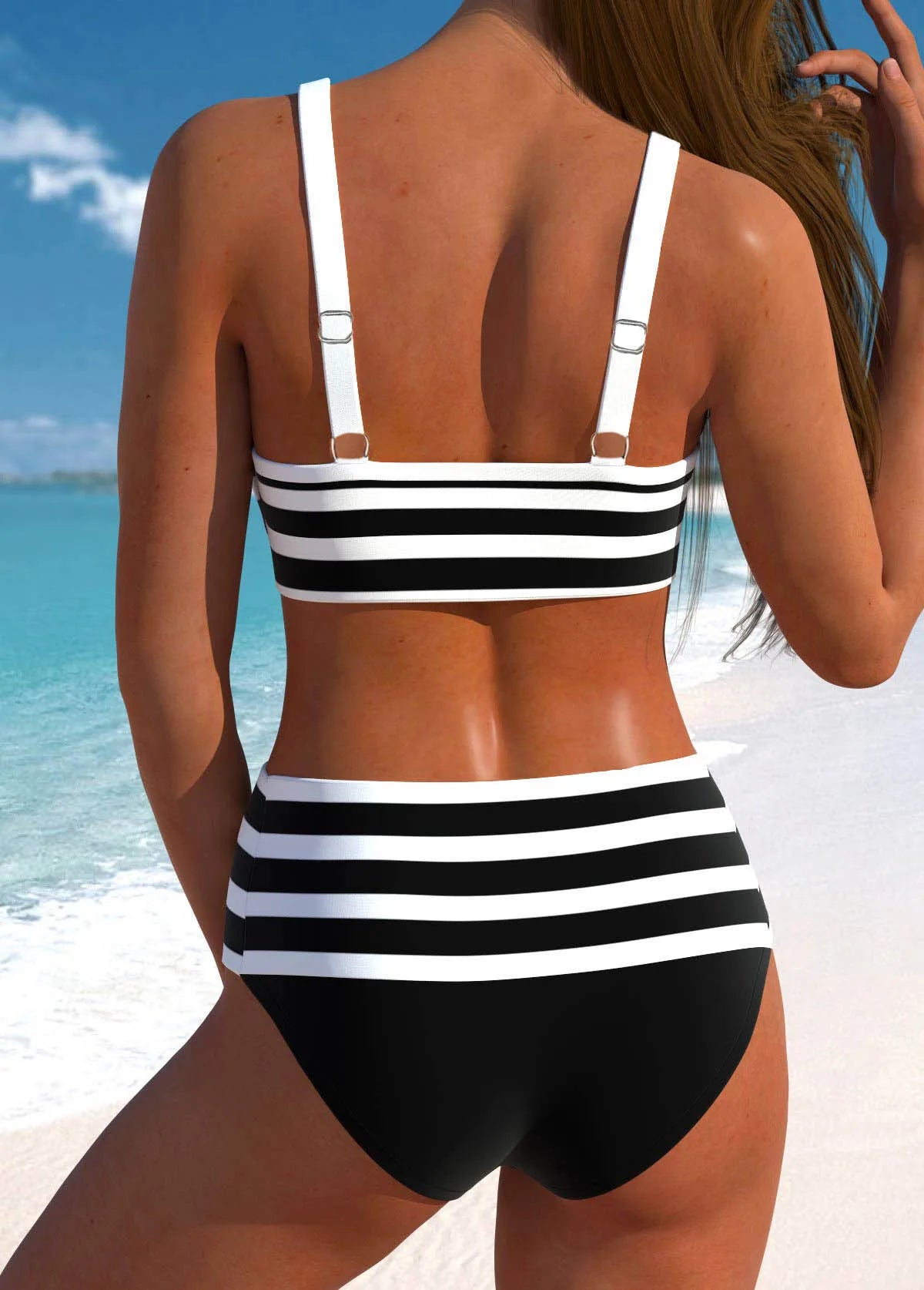 Women's Summer Two-piece Swimsuit with Black and White Printed Lace Up Casual Beach Swimsuit S-6XL