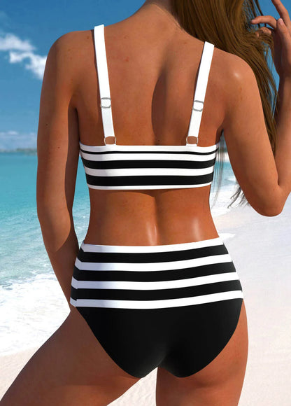 Women's Summer Two-piece Swimsuit with Black and White Printed Lace Up Casual Beach Swimsuit S-6XL