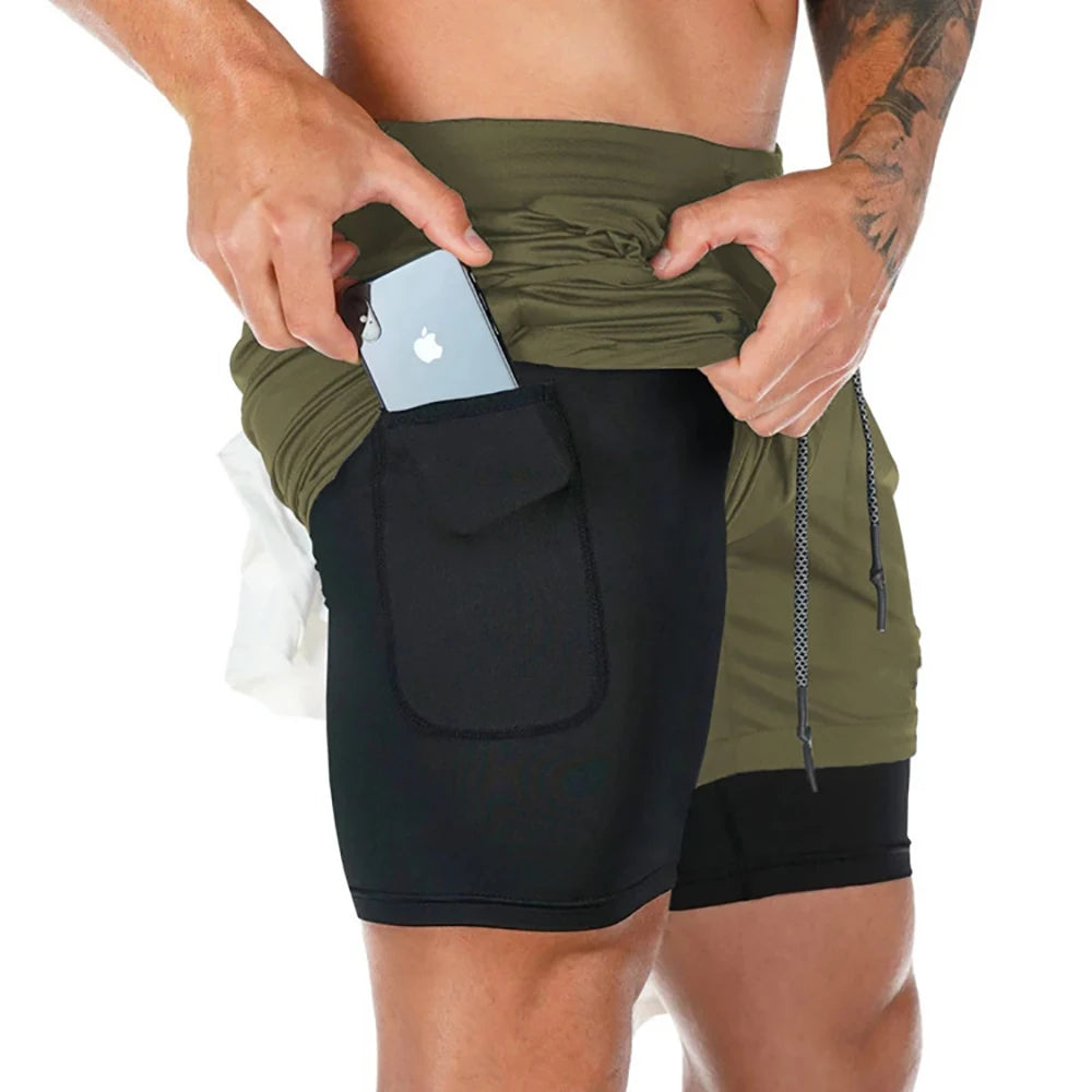 Men Shorts 2 In 1 Double-deck Quick Dry GYM Sport Shorts Fitness Jogging Workout Men Sports Short Pants