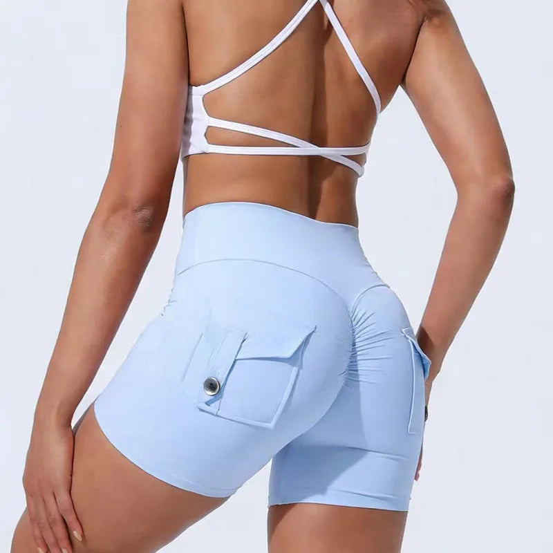 Scrunch Women Button Booty Pocket Sports Yoga Shorts Cycling Jogging Fitness High Waist Squat Proof Gym Active Leggings