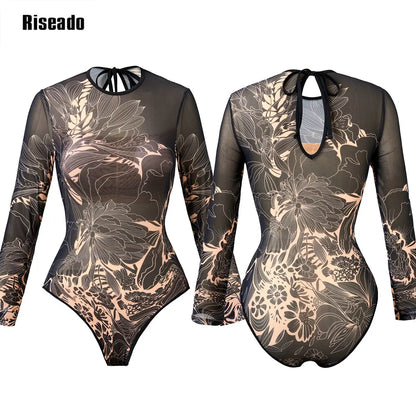 Womens Long Sleeve Mesh Rash Guard UV UPF 50+ Sun Protection Printed  High Waist Surfing One Piece Swimsuit Bathing Suit
