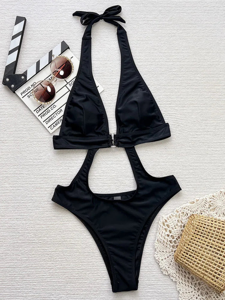 Solid Hollow Swimwear Women Halter Push Up One Piece Swimsuit Monokini Brazilian Summer Beach Bathing Suit