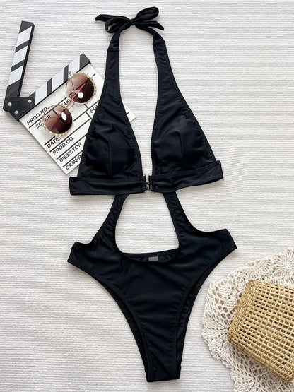 Solid Hollow Swimwear Women Halter Push Up One Piece Swimsuit Monokini Brazilian Summer Beach Bathing Suit