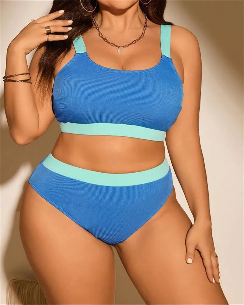 Solid Patchwork Two Pie Plus Size Bikini Women High Waist Large Swimsuit Lady Swimwear Beach Curvy Bathing Suit