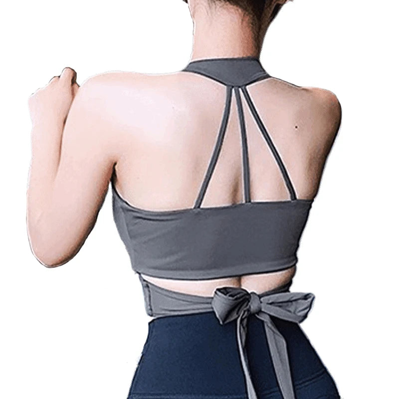 Deep V Neck Cross Tie Straps Yoga Crop Tops Back Removable Pad Fast Drying Tops Hanging Neck Gym Pilates Sportwear