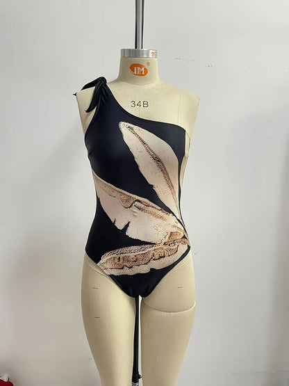 Black Floral Print One Piece Swimsuit Women Tie One Shoulder Slim Tummy Control Swimwear Summer Bathing Suit Monokini