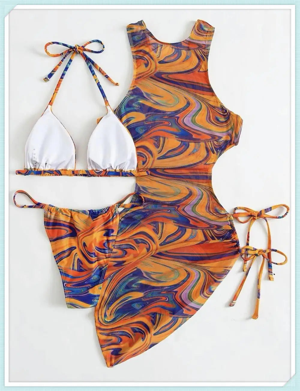 3 Piece Print Halter Triangle Bikini Sets Women Cover Up Swimwear Summer Swimsuit Female Bathing Swimming Suit Beachwear