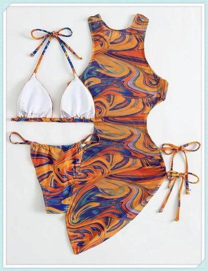 3 Piece Print Halter Triangle Bikini Sets Women Cover Up Swimwear Summer Swimsuit Female Bathing Swimming Suit Beachwear