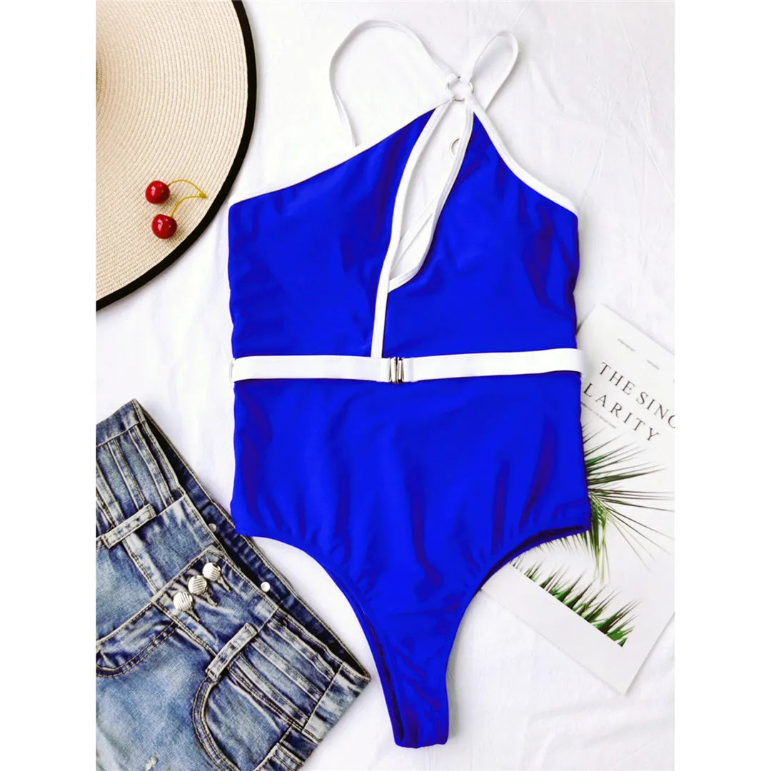 Splicing Asymmetric Backless Monokini Women Swimwear One Piece Swimsuit Female One Shoulder Bather Bathing Suit Swim