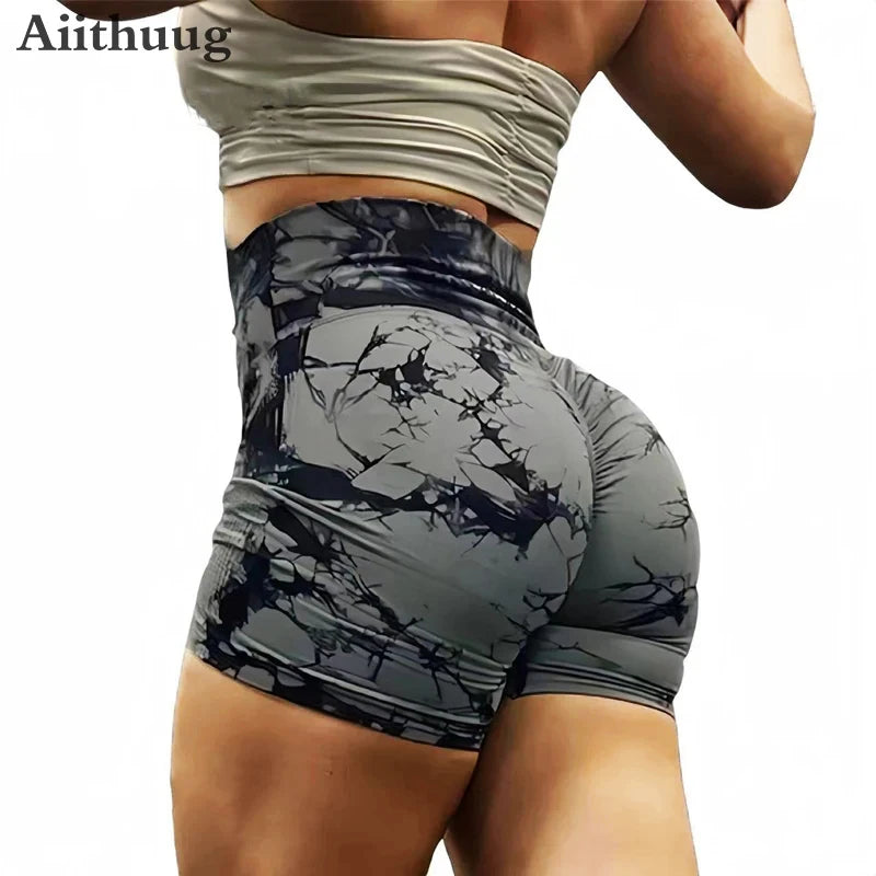 High Waisted Tie Dyeing Yoga Shorts Women's Scrunch Butt Seamless Leggings Quick Drying Athletic Workout Gym Bottoms