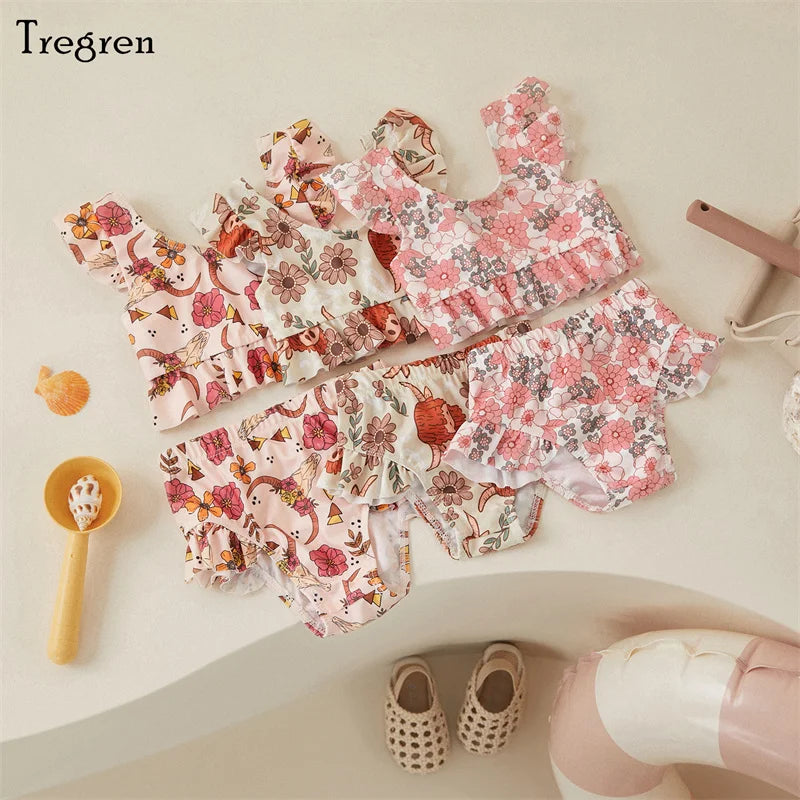 Tregren Cute Toddler Baby Girl Bikini Flower/Bull Head Print Swimsuit Ruffle Swimwear Summer Swimming Pool Hot Spring Beach Wear