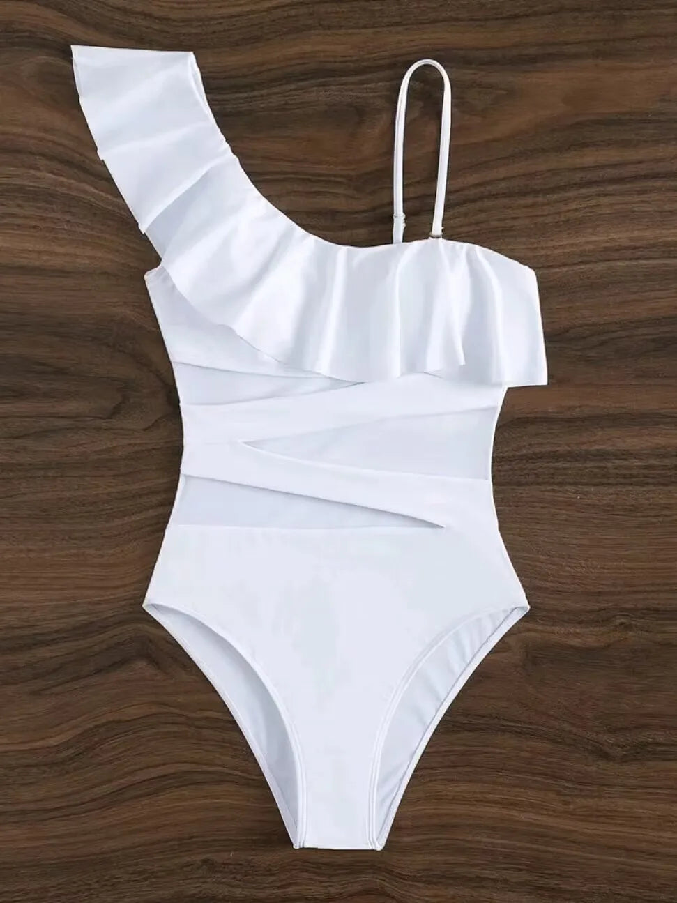 Ruffle Contrast Mesh Swimsuit Women One Piece Swimwear Bodysuit Bathers Bathing Swimming Swim Suit Sports Beachwear
