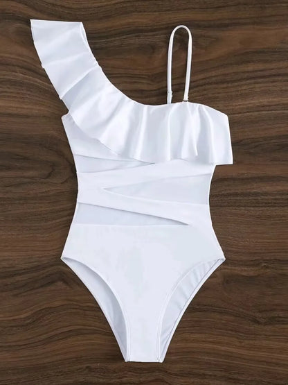 Ruffle Contrast Mesh Swimsuit Women One Piece Swimwear Bodysuit Bathers Bathing Swimming Swim Suit Sports Beachwear