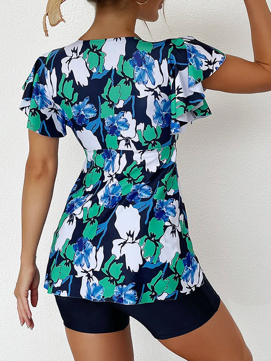 Printed Tankini Set Two Piece Swimsuit Women Tie Front Drawstring Swimwear Female Bathing Swimming Suit Beachwear Summer