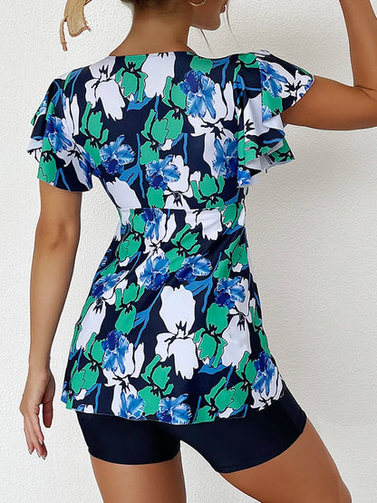 Printed Tankini Set Two Piece Swimsuit Women Tie Front Drawstring Swimwear Female Bathing Swimming Suit Beachwear Summer