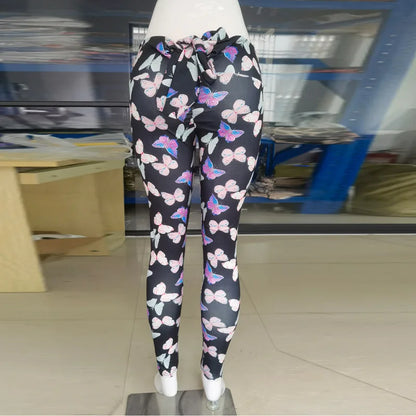 High Waist Bowknot Leggings Butterfly Print Yoga Pants Bandage Tights for Women Push Up Exercise Fitness Workout Legging