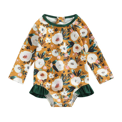 0-4Y Toddler Baby Girl Swimsuit Romper 4 Colors Flower Print Long Sleeve Ruffle Bikini Bathing Suit