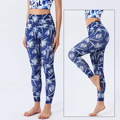 Yoga Pants Women High Waist Trainer Sports Leggings Long Tights Floral Push Up Running Trouser Workout Tummy Control
