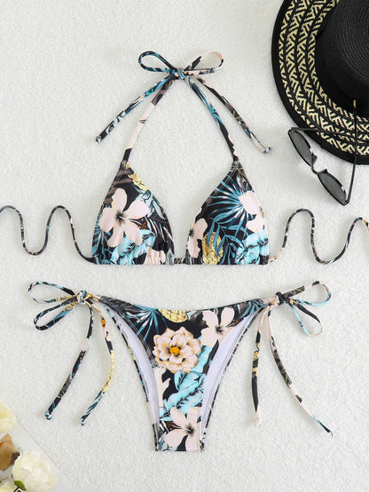 Tie Dye Gradient Mini Bikini Women Halter Push Up Bra Tie Side Thong Swimsuit Beach Pool Holiday Bathing Suit Swimwear