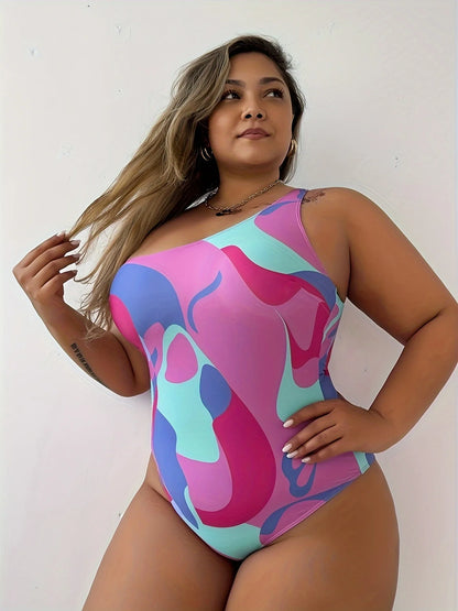 Print 2 Piece Pink Swirl Design Plus Size Swimwear Women One-shoulder Large One Piece Swimsuit Brazilian Bathing Suit