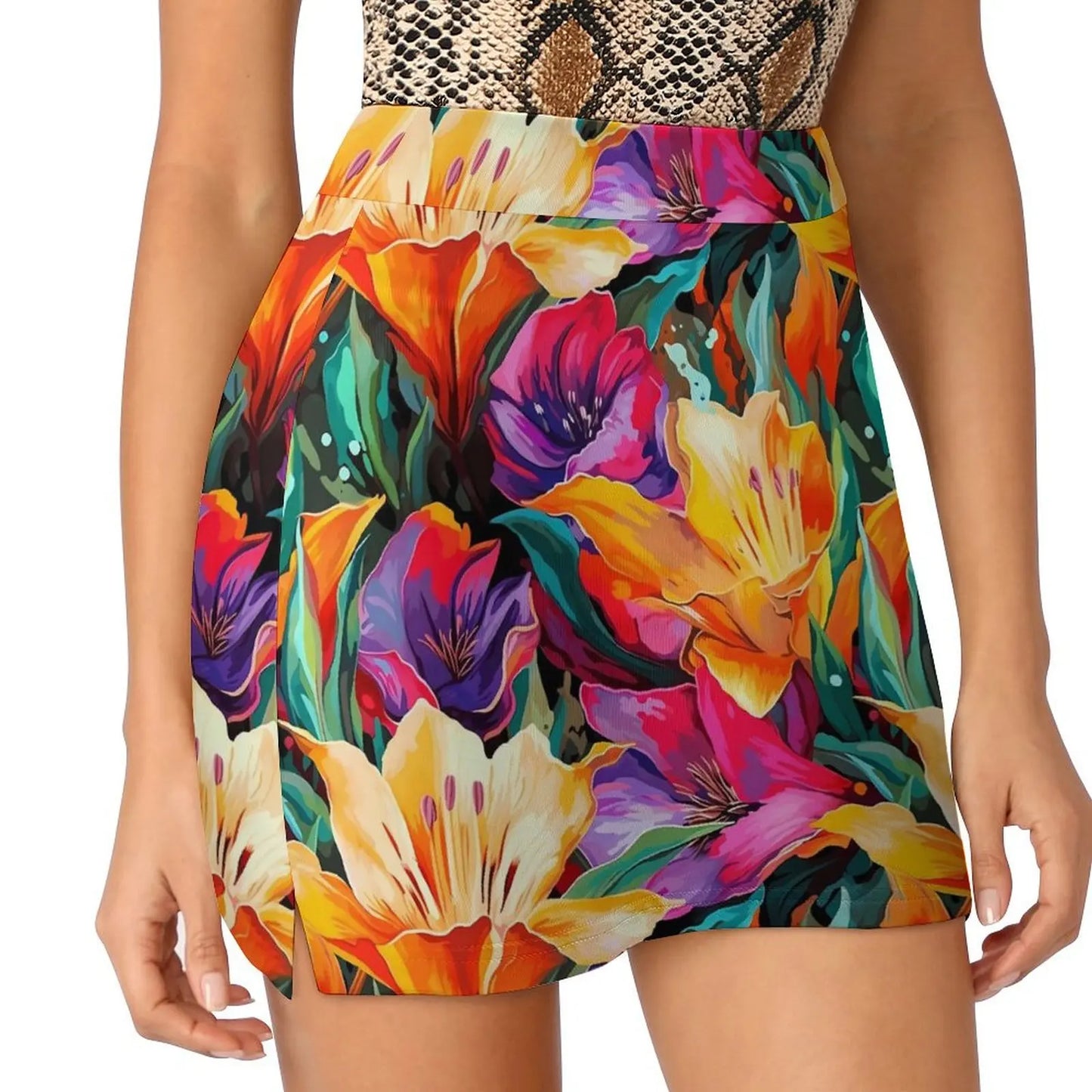 Lily Floral Tulips Skirt Summer Colorful Flowers Fashion Casual A-line Skirts Elegant Mini Skirt Woman Design Oversized Clothing