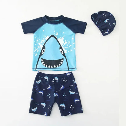 Children's Cartoon Shark Short Sleeve Split Swimwear with Swim Cap, Sun Protection Beach Wear, Baby Boys Swimsuit