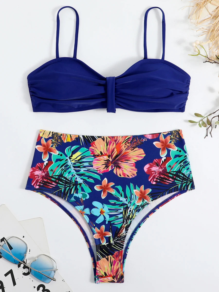 Solid Bandeau Bikini Set Women Tropical Printed Swimwear Female Push Up Swimsuit High Waist Bathing Suit Tie Back Beachwear
