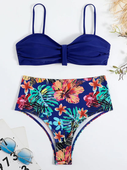 Solid Bandeau Bikini Set Women Tropical Printed Swimwear Female Push Up Swimsuit High Waist Bathing Suit Tie Back Beachwear