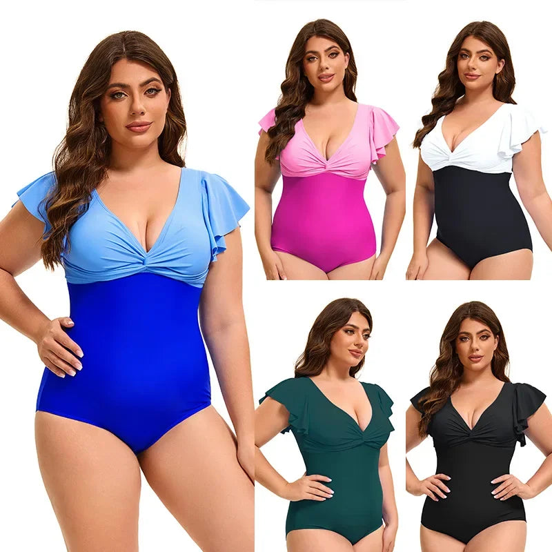 Swimsuit Plus Size Color Block One-Piece Swimsuit with Flounce Sleeves Swimwear XL-5XL