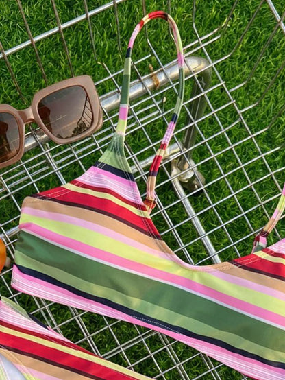 Green Pink Striped Bikini Set Women Colorful Push Up Bra Thong Swimsuit Beach Bathing Suit Holiday Two Piece Swimwear