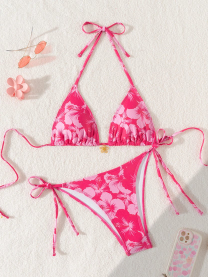 Triangle Bikini Set - Floral Print Push Up Swimsuit & Brazilian Bottoms